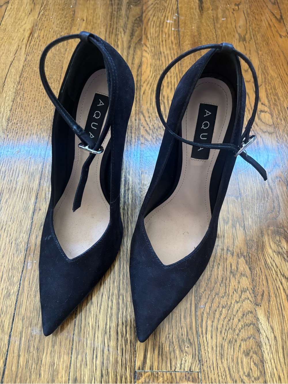 Aqua Black Suede Heels with Ankle Strap